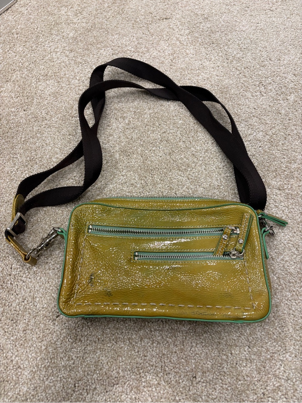 Glossy Olive Green Patent Crossbody Bag with Black Adjustable Strap